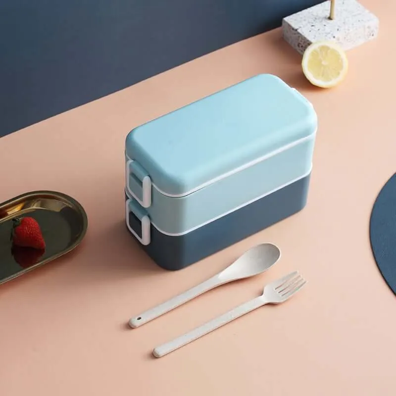 2-tier Wheat Straw Lunch Box with Fork and Spoon