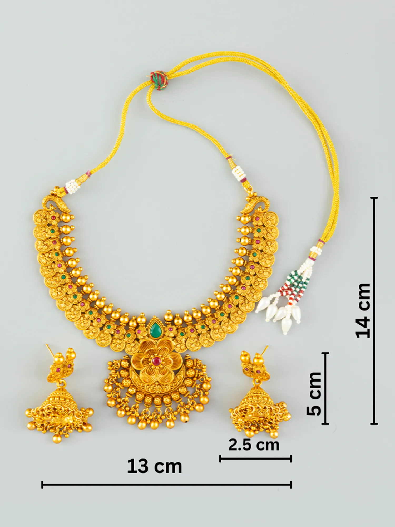 24K Gold Plated Floral Ruby and Emerald Necklace Set with Jhumka