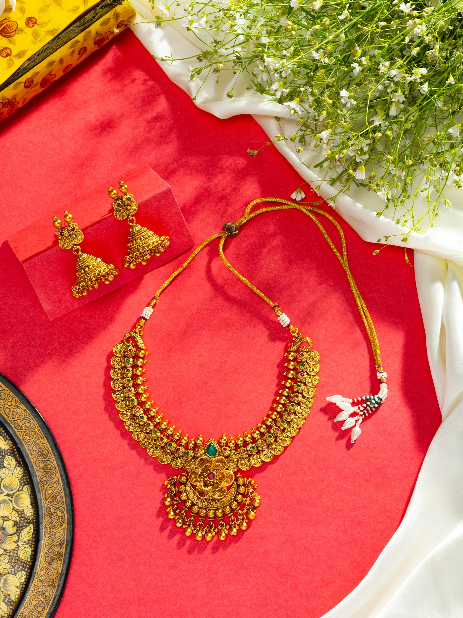 24K Gold Plated Floral Ruby and Emerald Necklace Set with Jhumka
