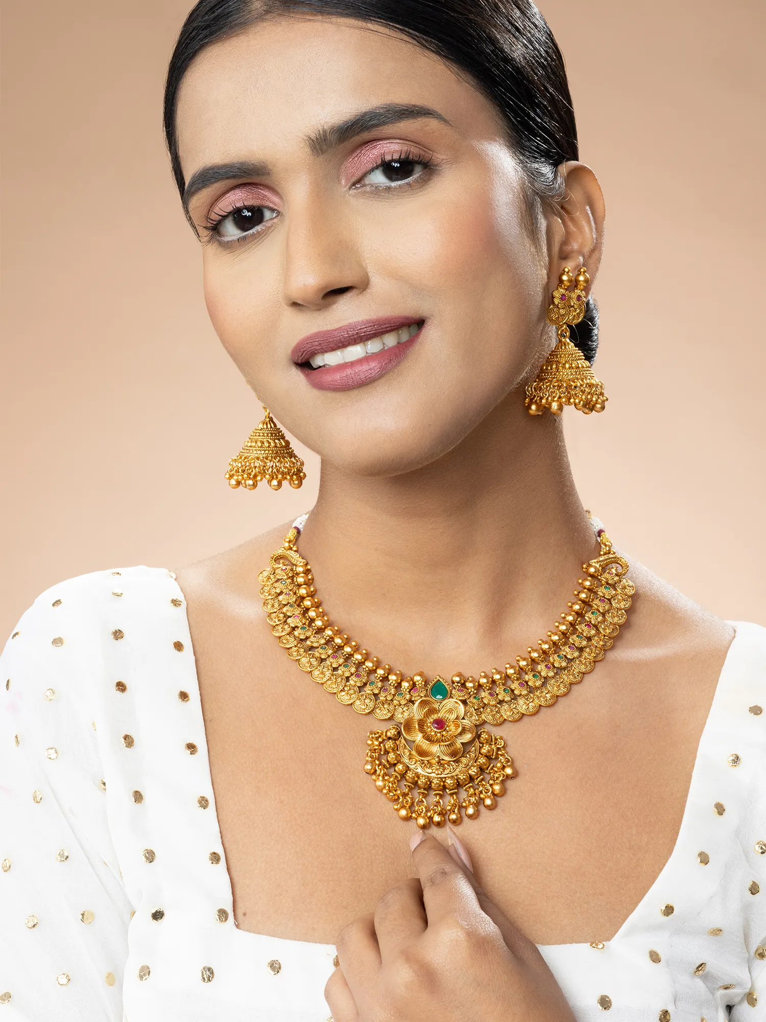 24K Gold Plated Floral Ruby and Emerald Necklace Set with Jhumka
