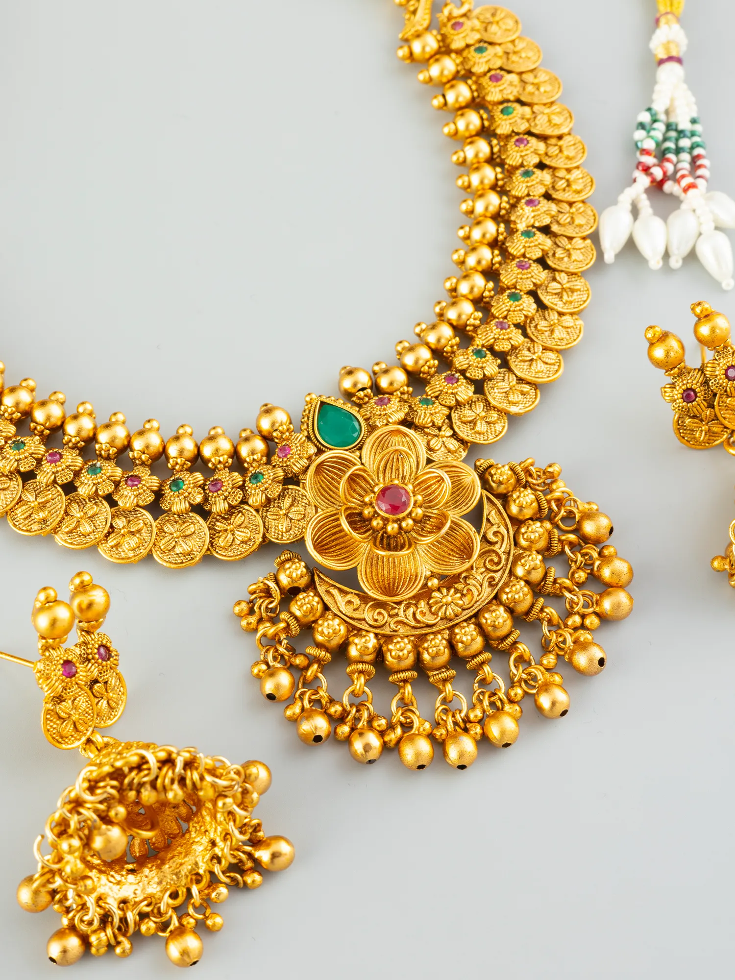 24K Gold Plated Floral Ruby and Emerald Necklace Set with Jhumka