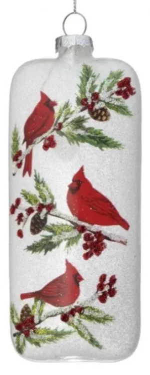 6" Cardinals on Holly Oblique Glass Ornament
