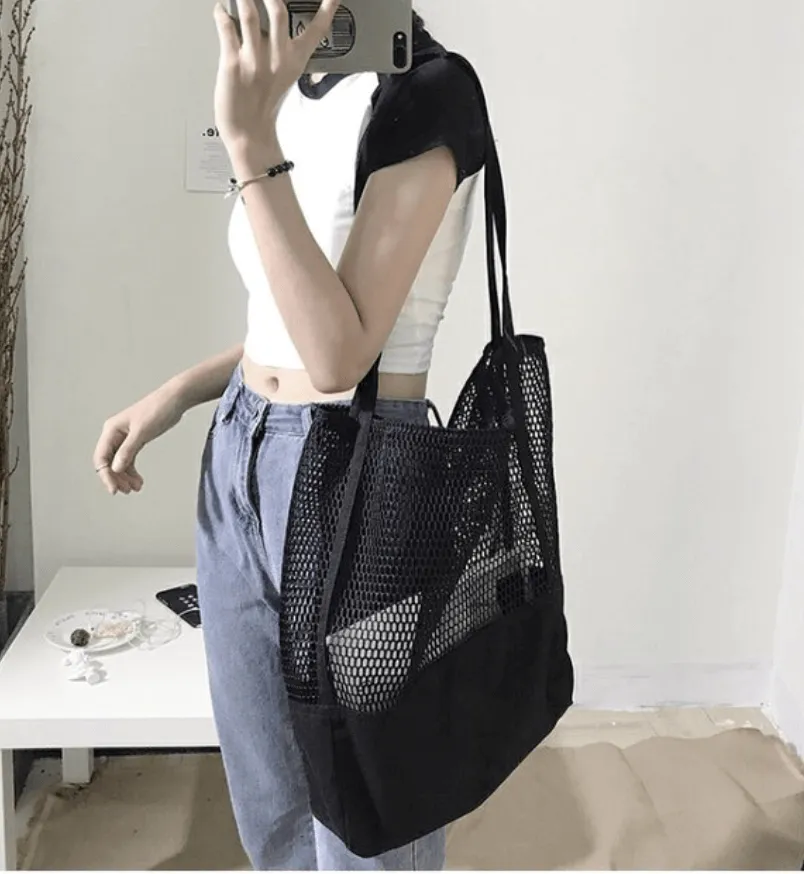 Black Canvas Mesh Tote
