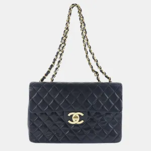 Black Leather Maxi Classic Single Flap Shoulder Bag