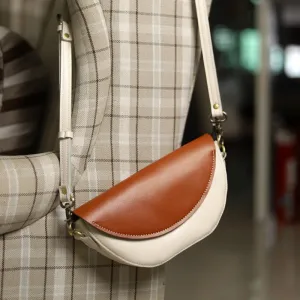 Brown&White LEATHER Saddle Side Bag WOMEN Contrast SHOULDER BAG Small Crossbody Purse FOR WOMEN