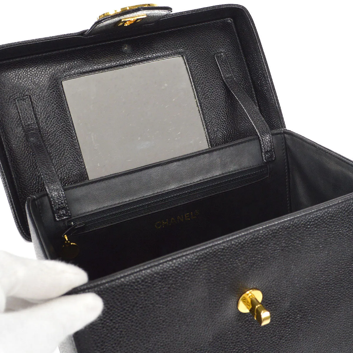 CHANEL 2way Cosmetic Vanity Shoulder Handbag Black Caviar 58150
