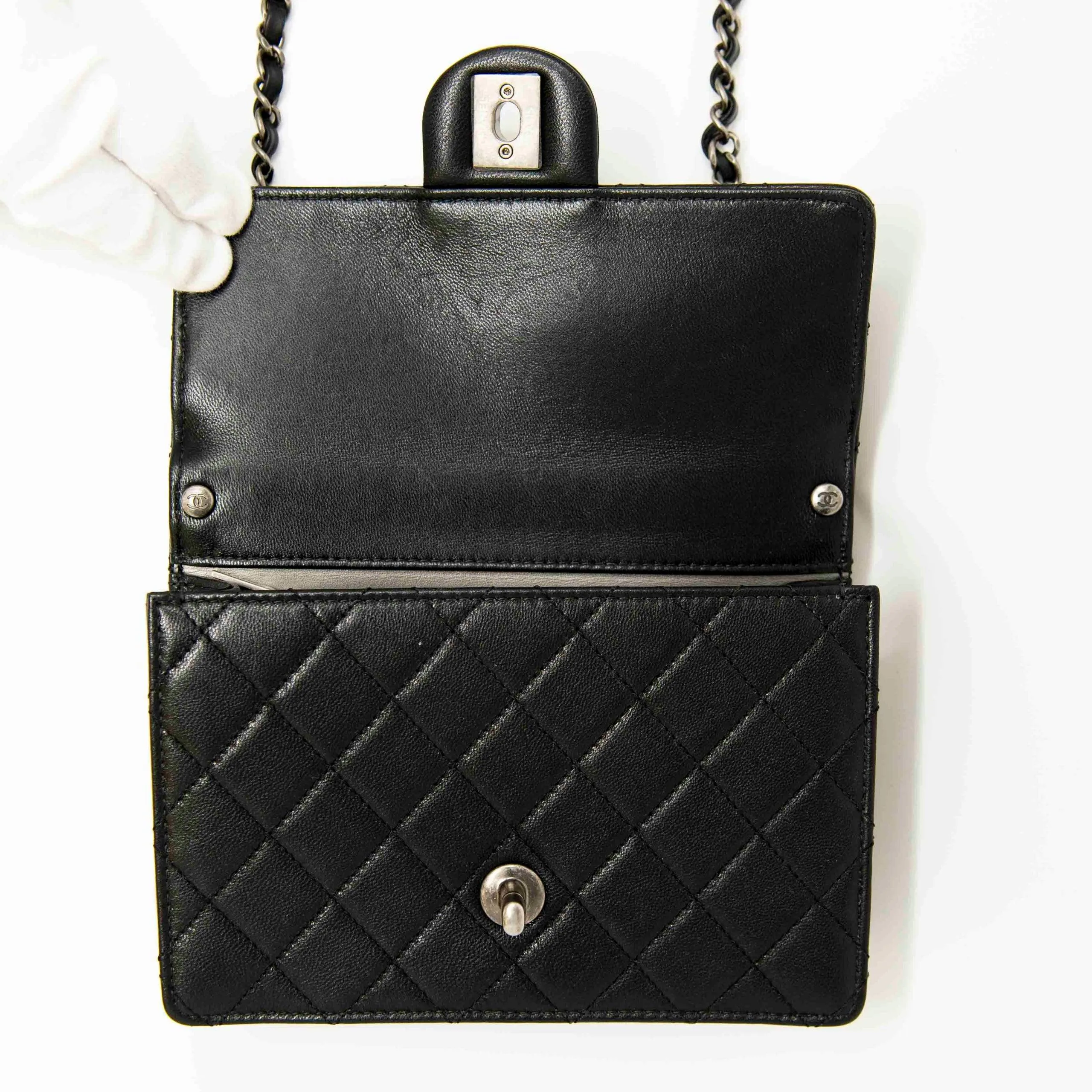 Chanel Black Lambskin Logo Pearl Flap
