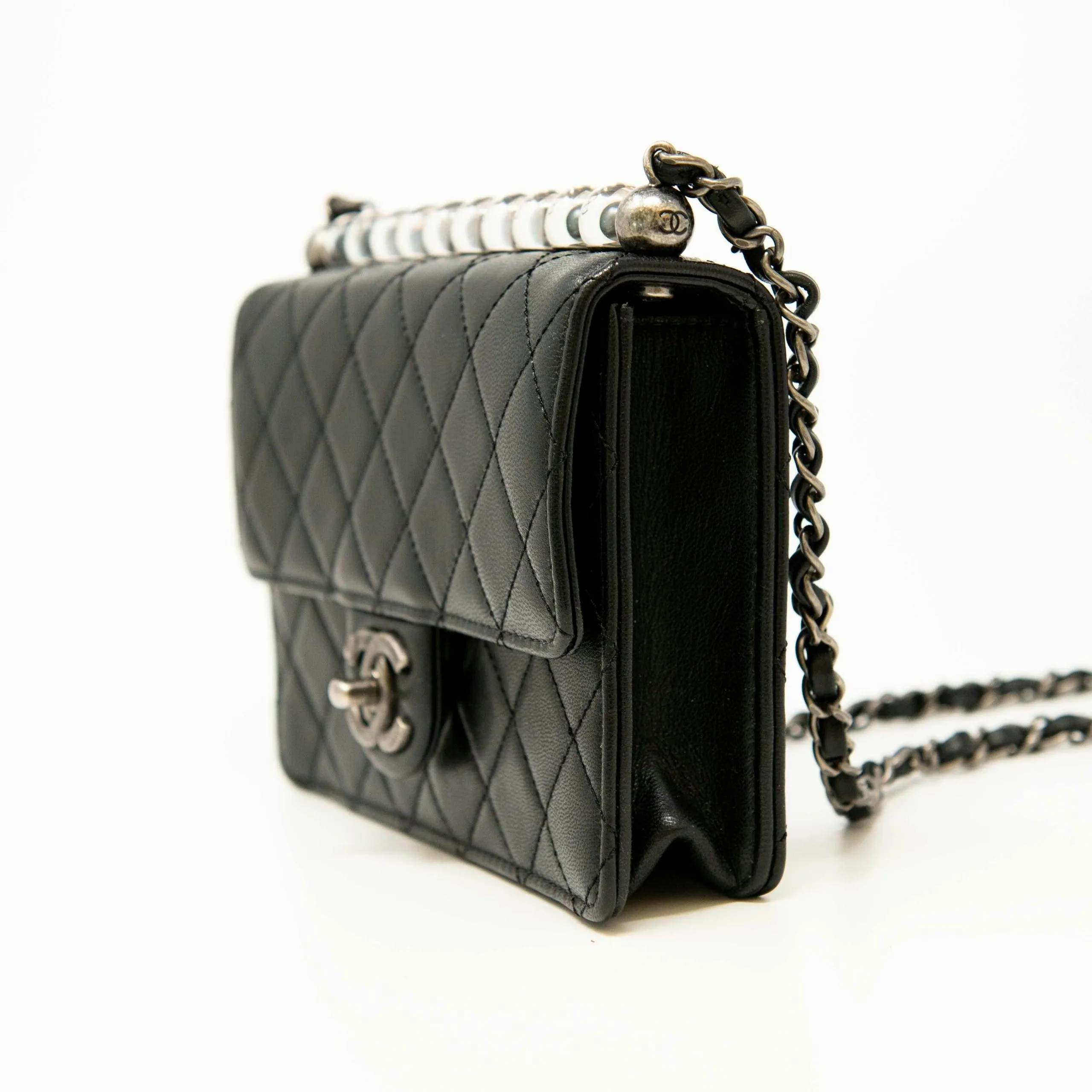 Chanel Black Lambskin Logo Pearl Flap