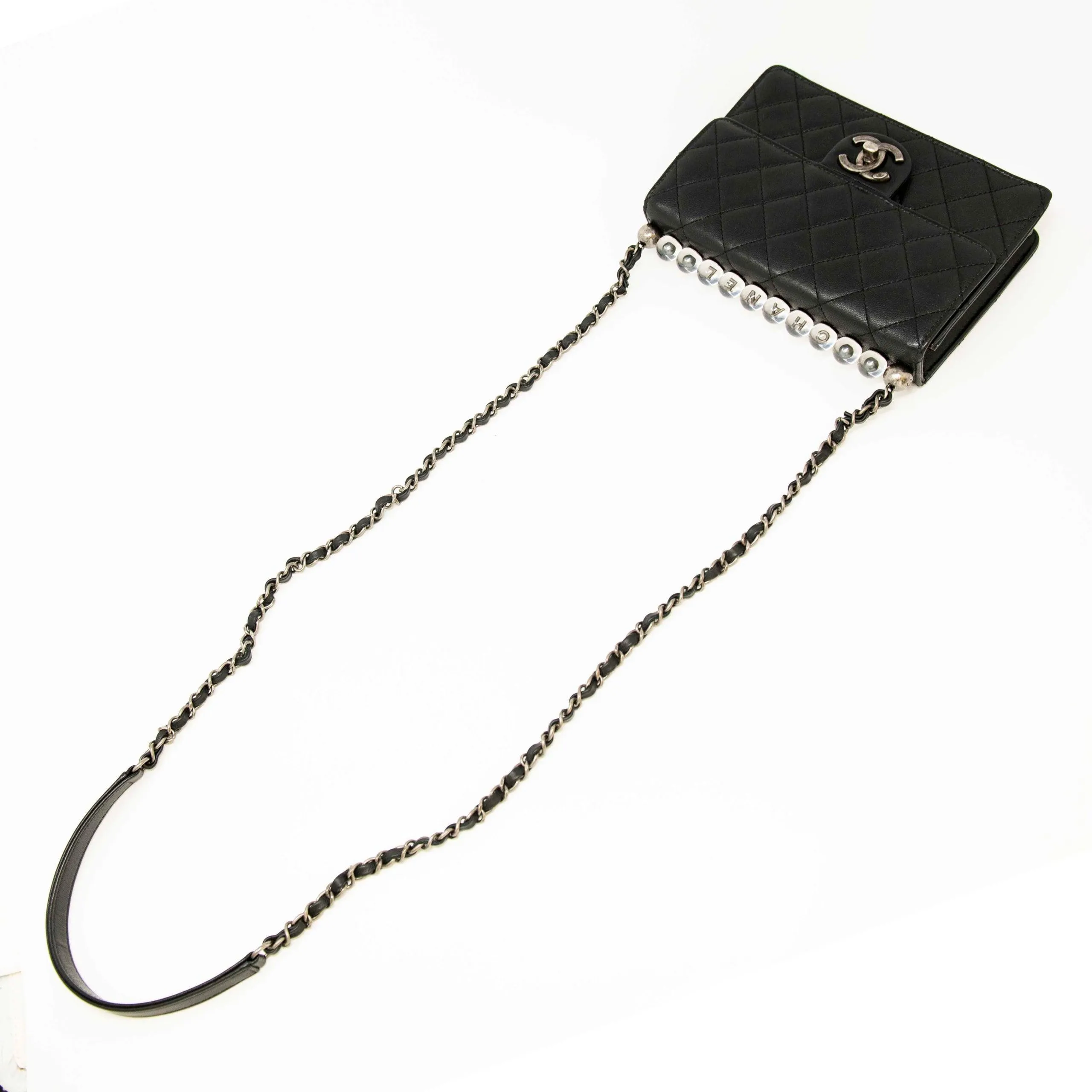 Chanel Black Lambskin Logo Pearl Flap