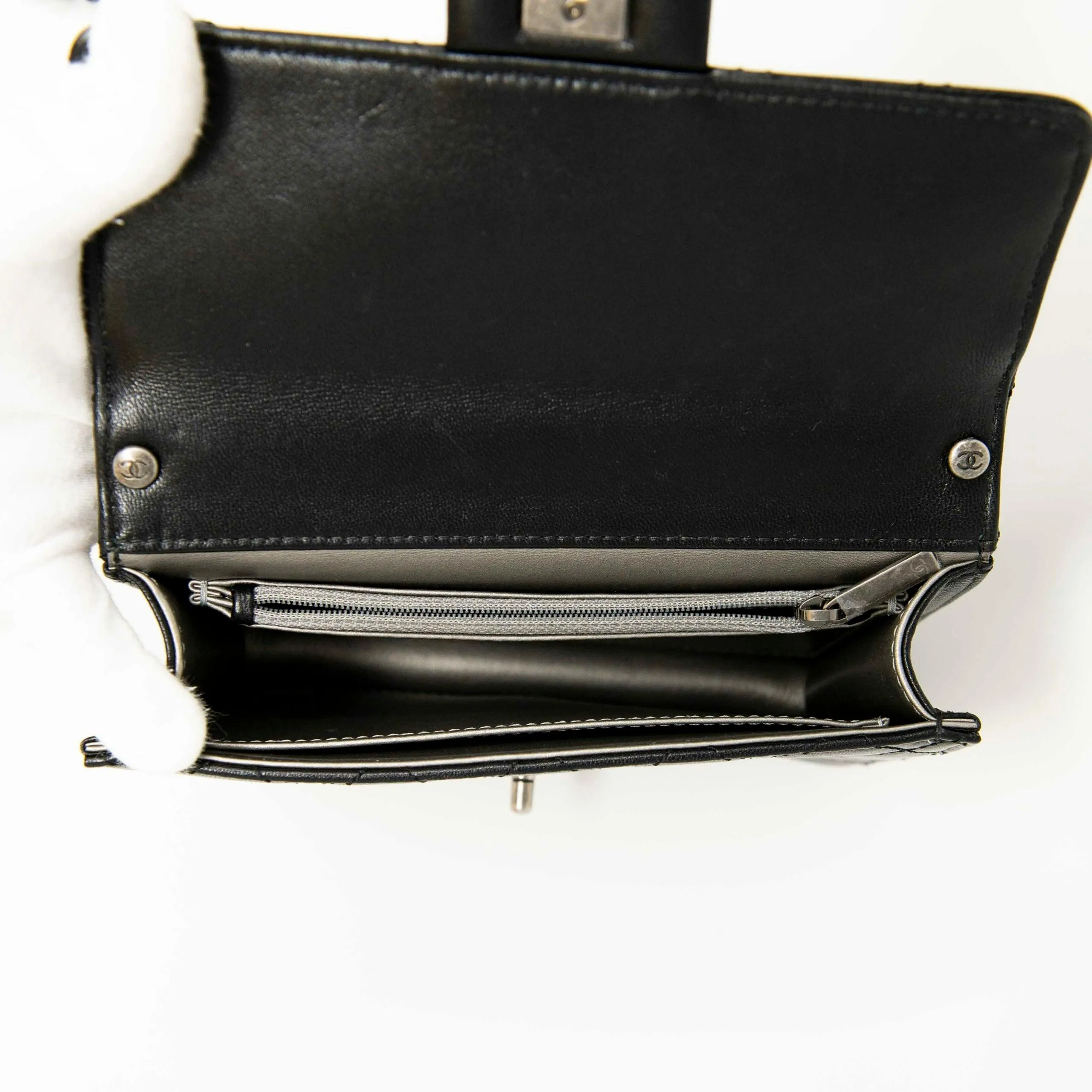 Chanel Black Lambskin Logo Pearl Flap