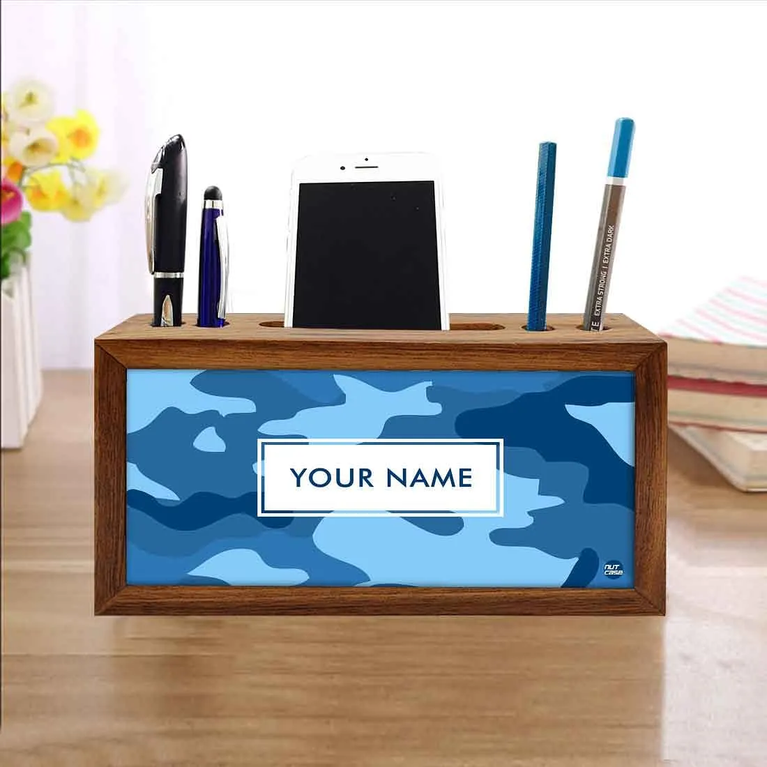 Custom-Made Wooden office desk organizer - Blue Camo
