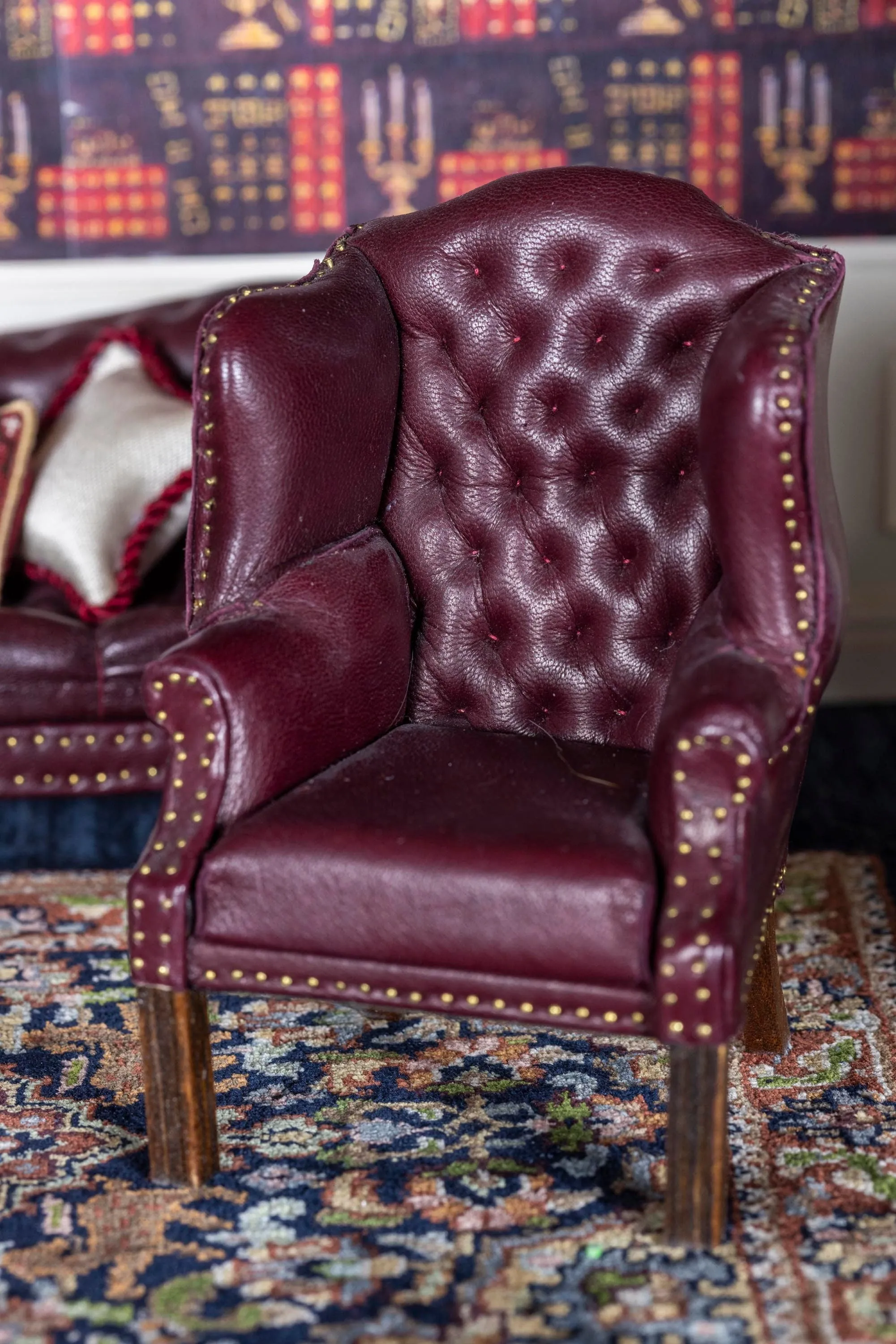 Dollhouse Miniature ~ Handmade Leather Wing Back Chair by Joan Ince - Lee Lefkowitz