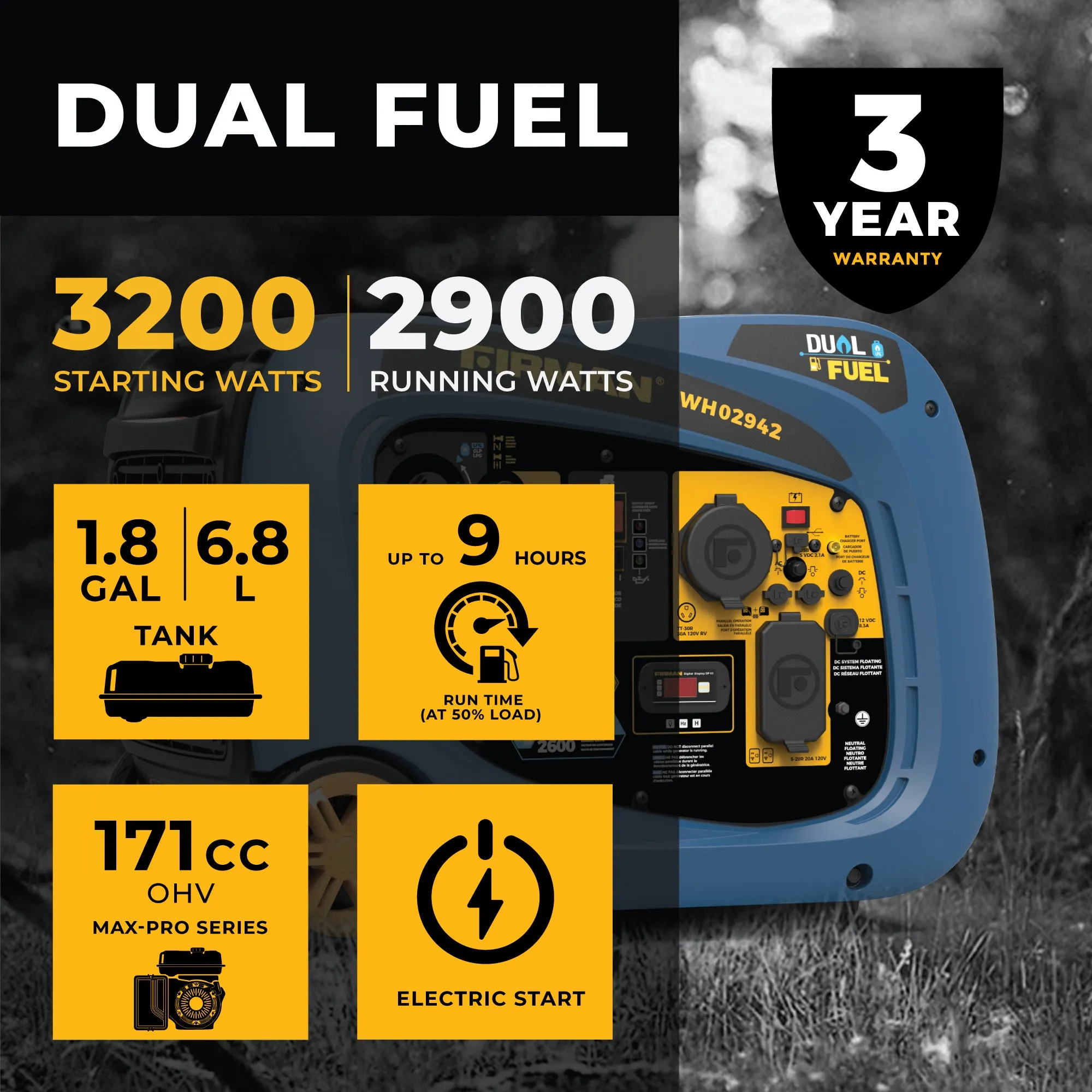 Dual Fuel Inverter Portable Generator 3200W Electric Start
