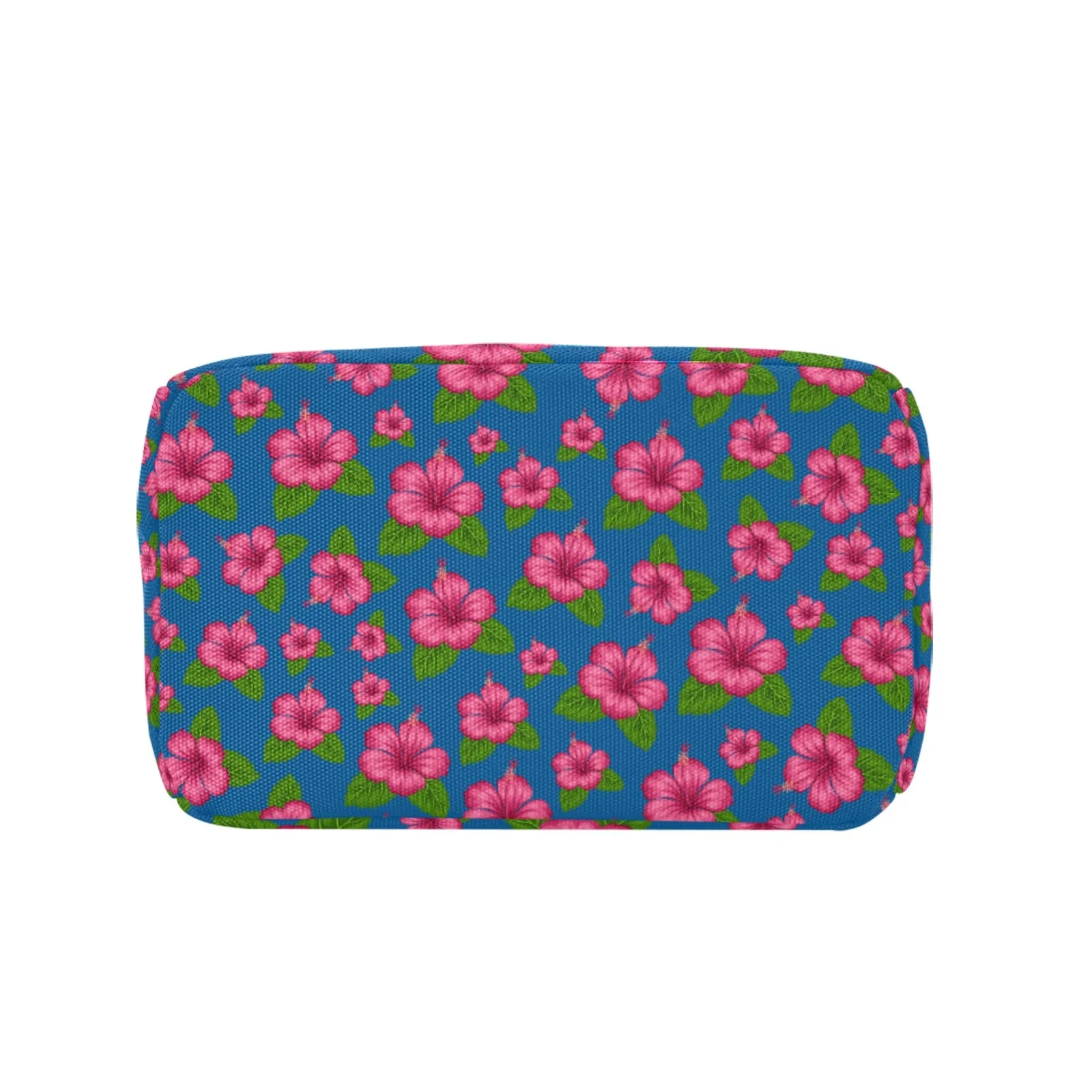 Graphic Pink Hibiscus Blue Insulated Zipper Lunch Bag