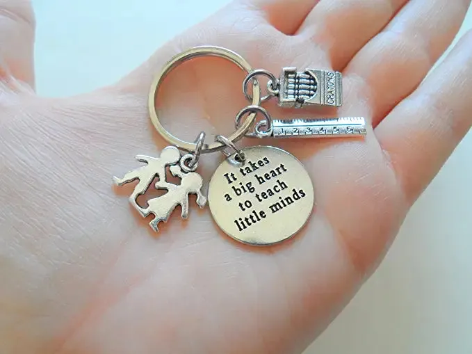 It Takes a Big Heart to Teach Little Minds Charm Keychain with Kids, Ruler, & Crayons Charm, Teacher Appreciation Keychain