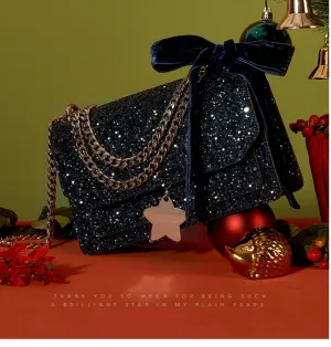 LAFESTIN GLITTER CHAIN SHOULDER BAG WITH VELVET RIBBON 619839
