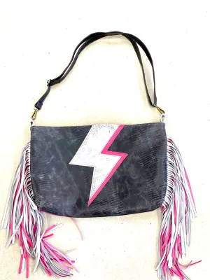 Leather Tote in lightening bolt with double the fringe (extra layer) -pink and silver