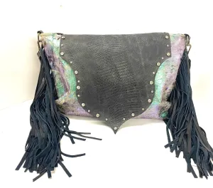 Leather Tote in rainbow HOH and black flap- double thick fringe with Rhinestones