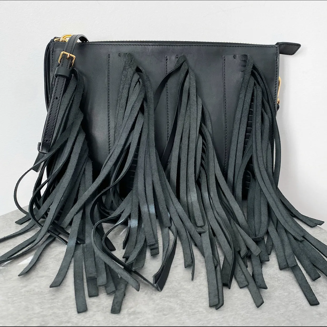 Marni Black Leather Fringe Crossbody Bag