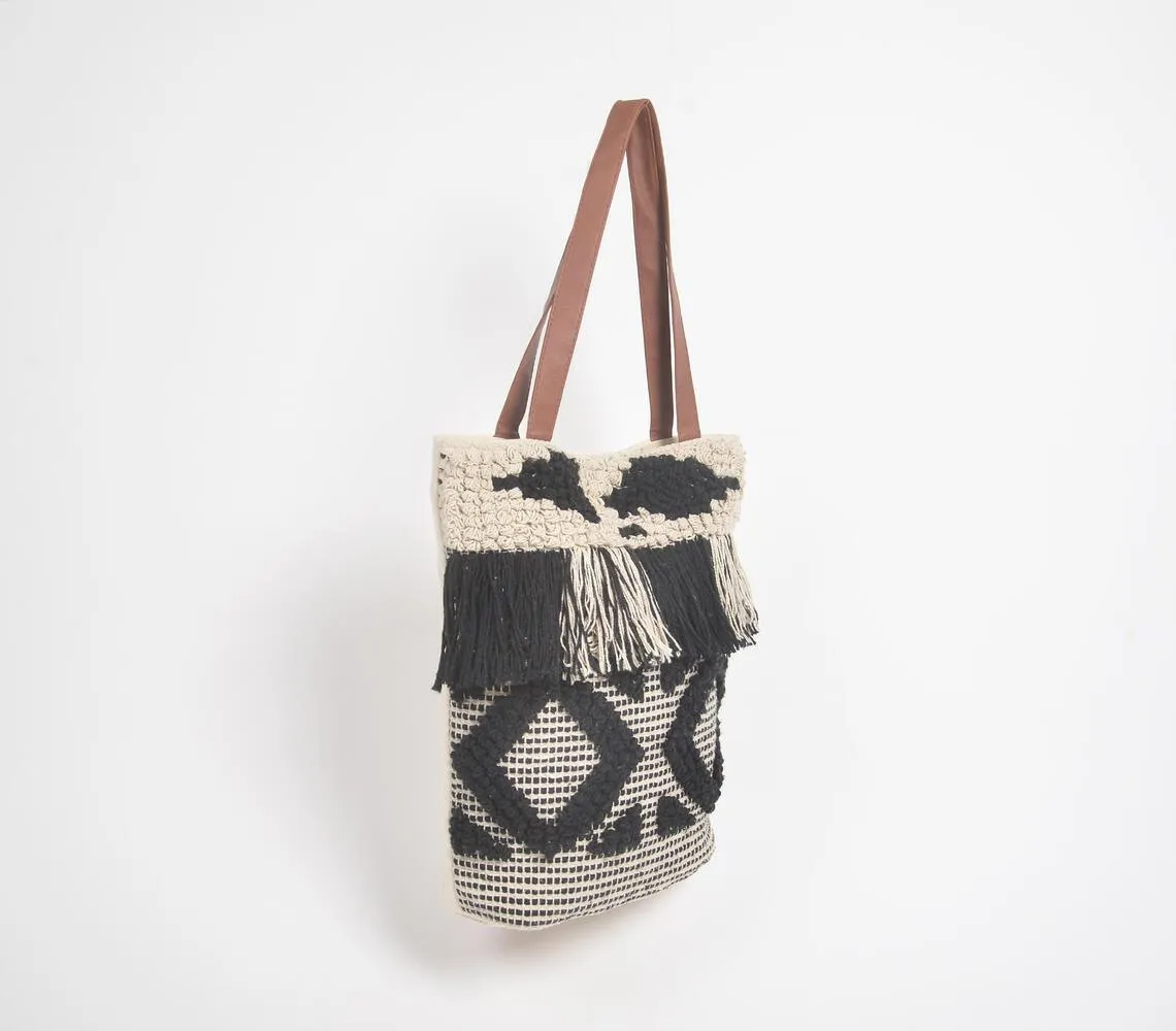 Monochrome Deco Tufted & Tasseled Tote Bag