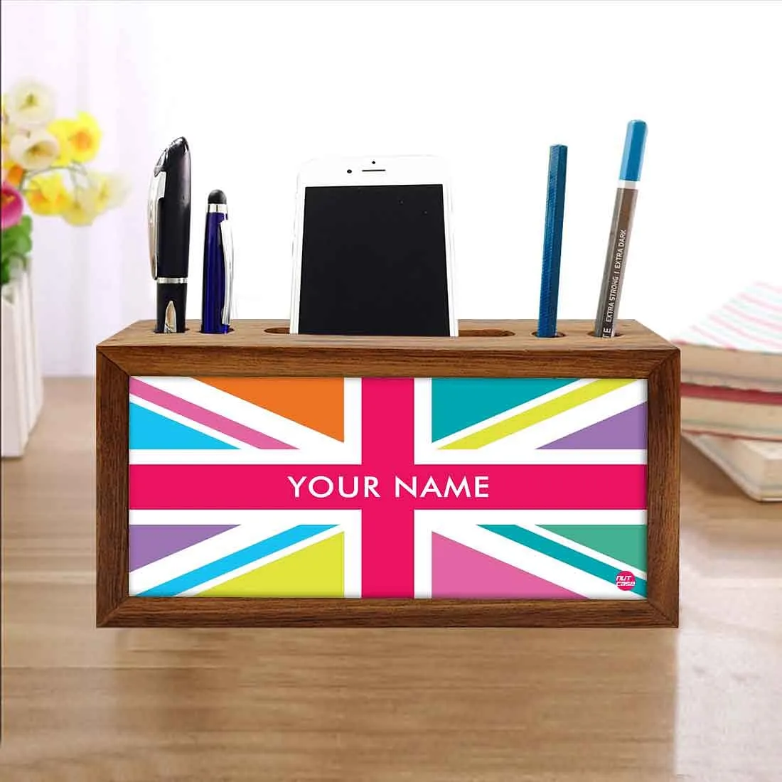 personalized Wood desk organizer - Union Jack British Flag