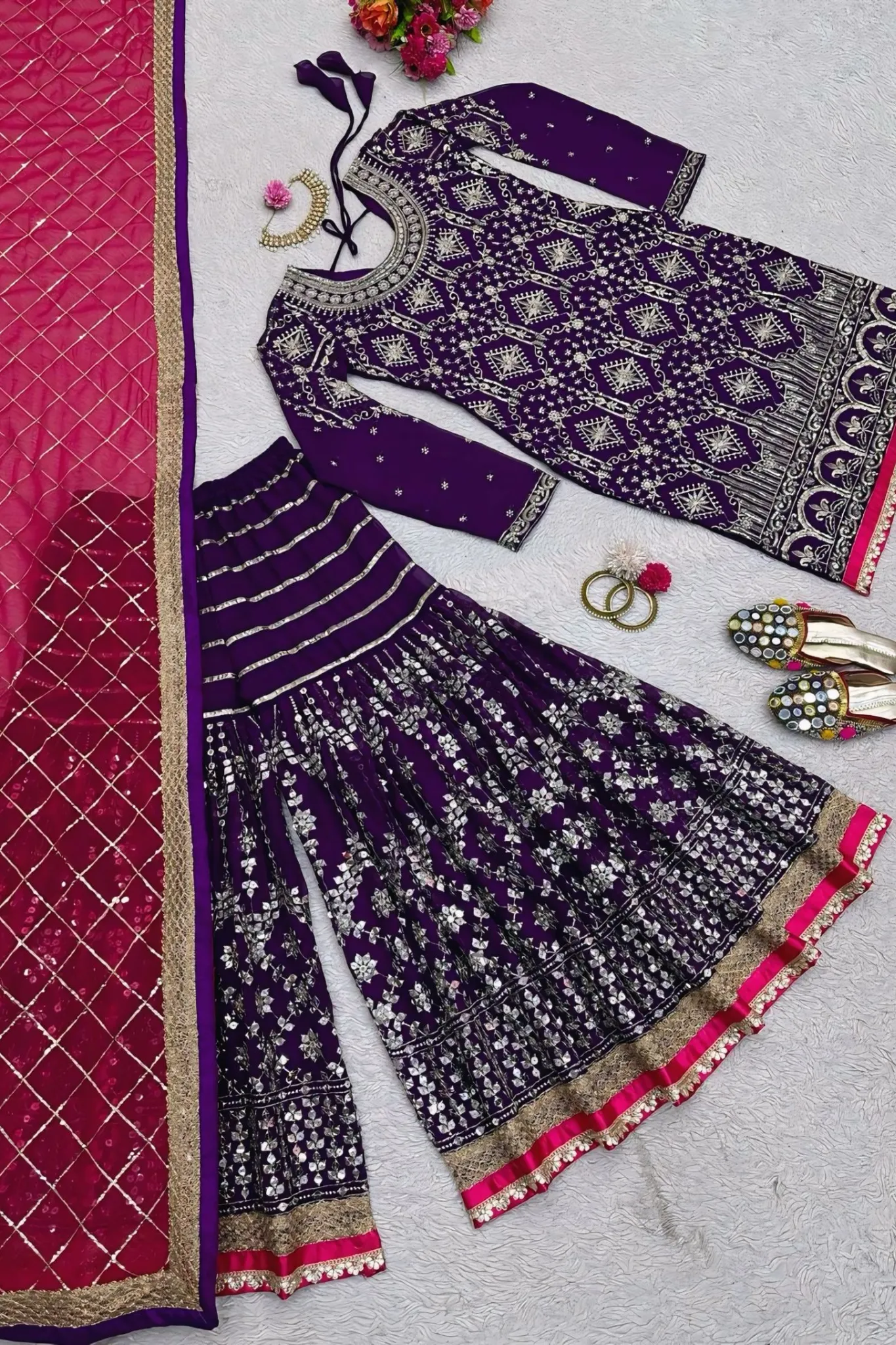 PURPLE COLOR ORGANZA HEAVY WORK STITCHED SALWAR SUIT SET