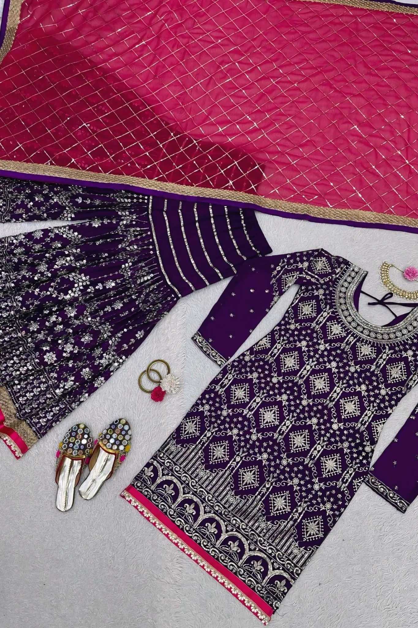PURPLE COLOR ORGANZA HEAVY WORK STITCHED SALWAR SUIT SET