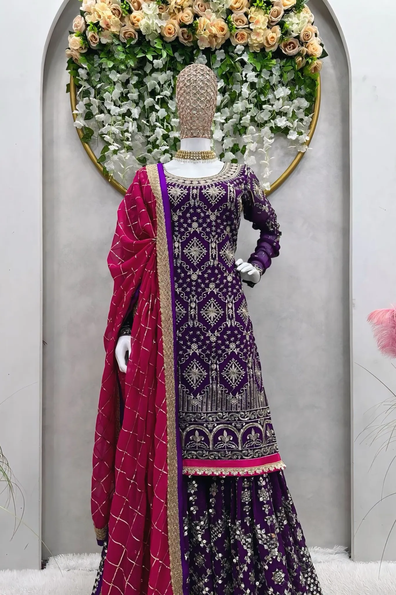 PURPLE COLOR ORGANZA HEAVY WORK STITCHED SALWAR SUIT SET