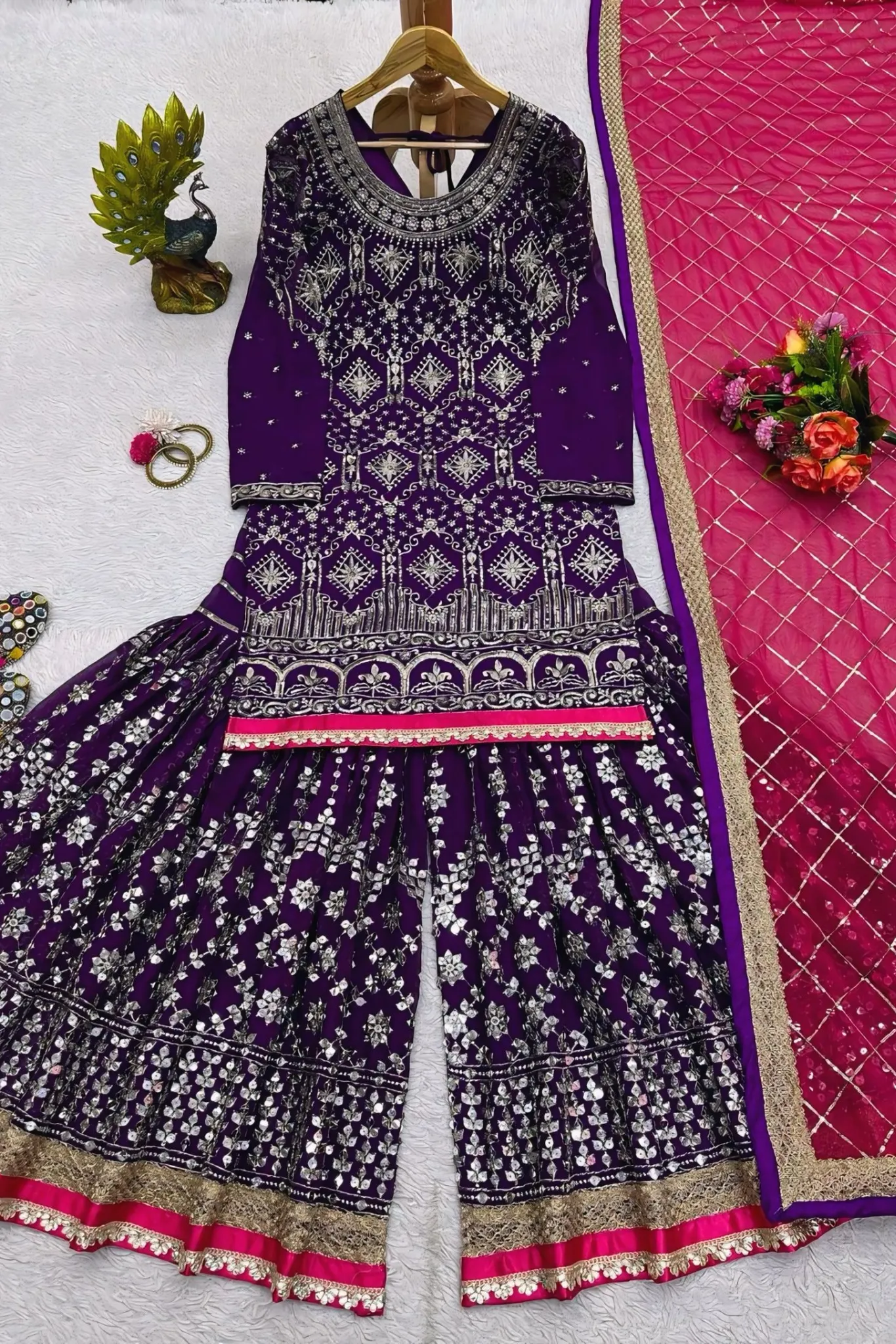 PURPLE COLOR ORGANZA HEAVY WORK STITCHED SALWAR SUIT SET