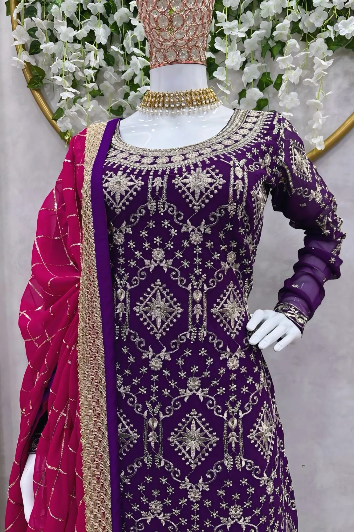 PURPLE COLOR ORGANZA HEAVY WORK STITCHED SALWAR SUIT SET