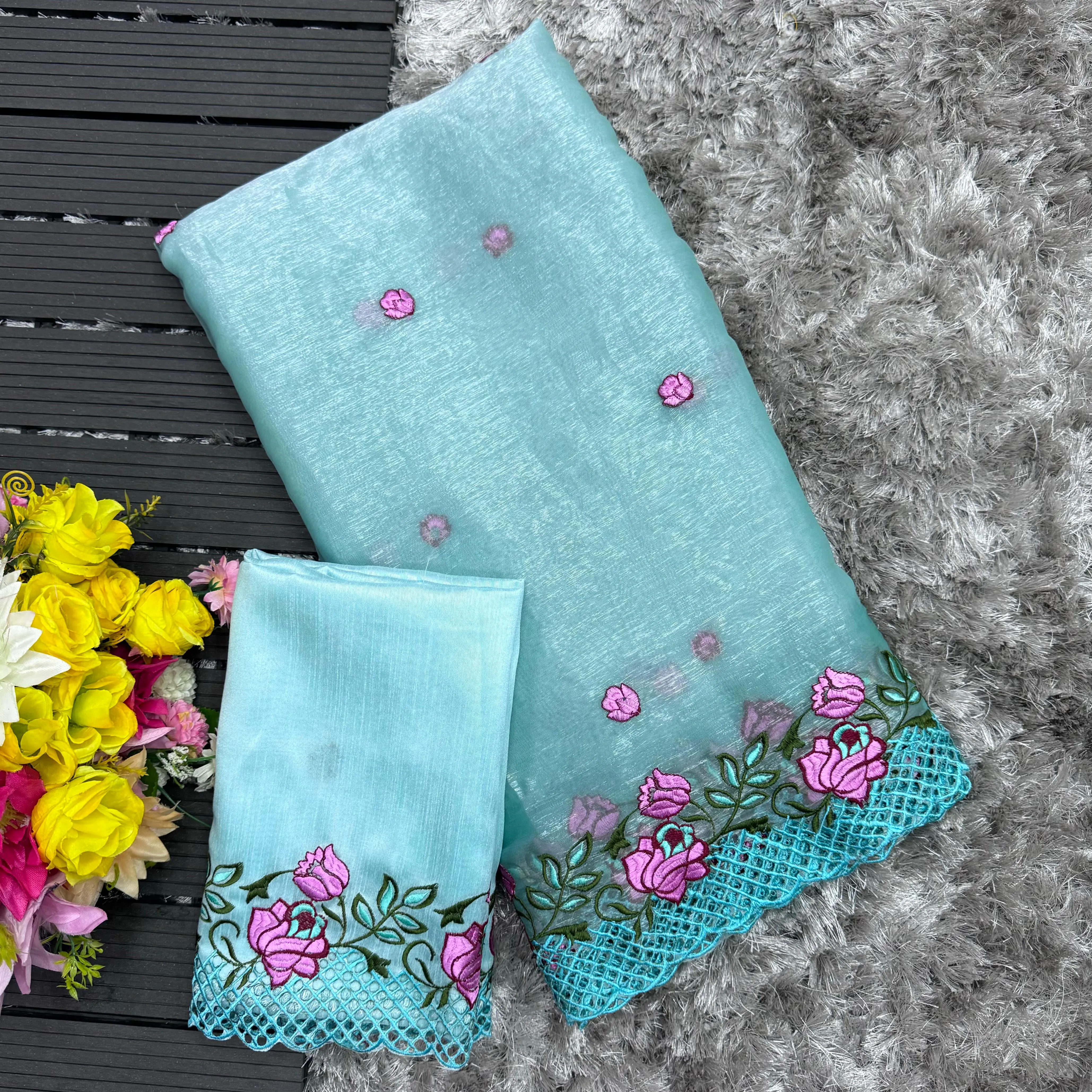 Sky Blue Crush Silk Saree with Intricate Floral Embroidery & Matching Blouse
