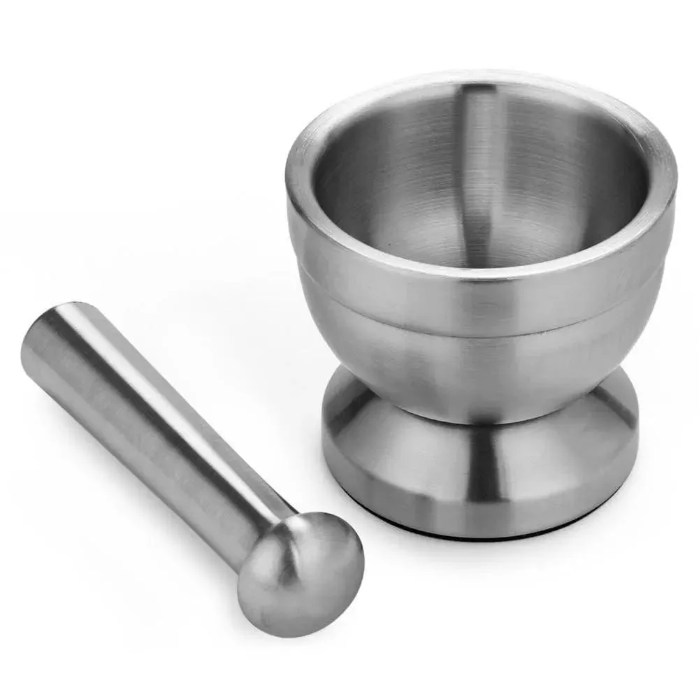Stainless Steel Mortar and Pestle Pedestal Bowl Garlic Press Herb Mill