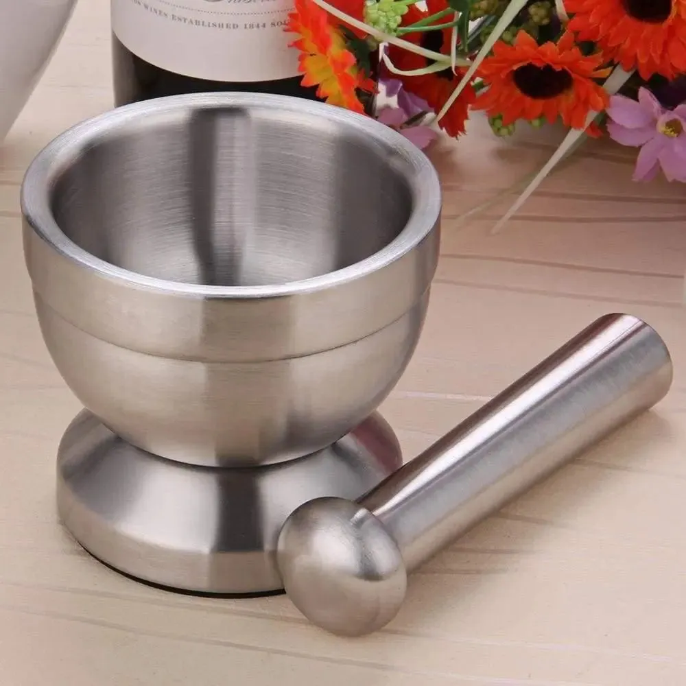 Stainless Steel Mortar and Pestle Pedestal Bowl Garlic Press Herb Mill