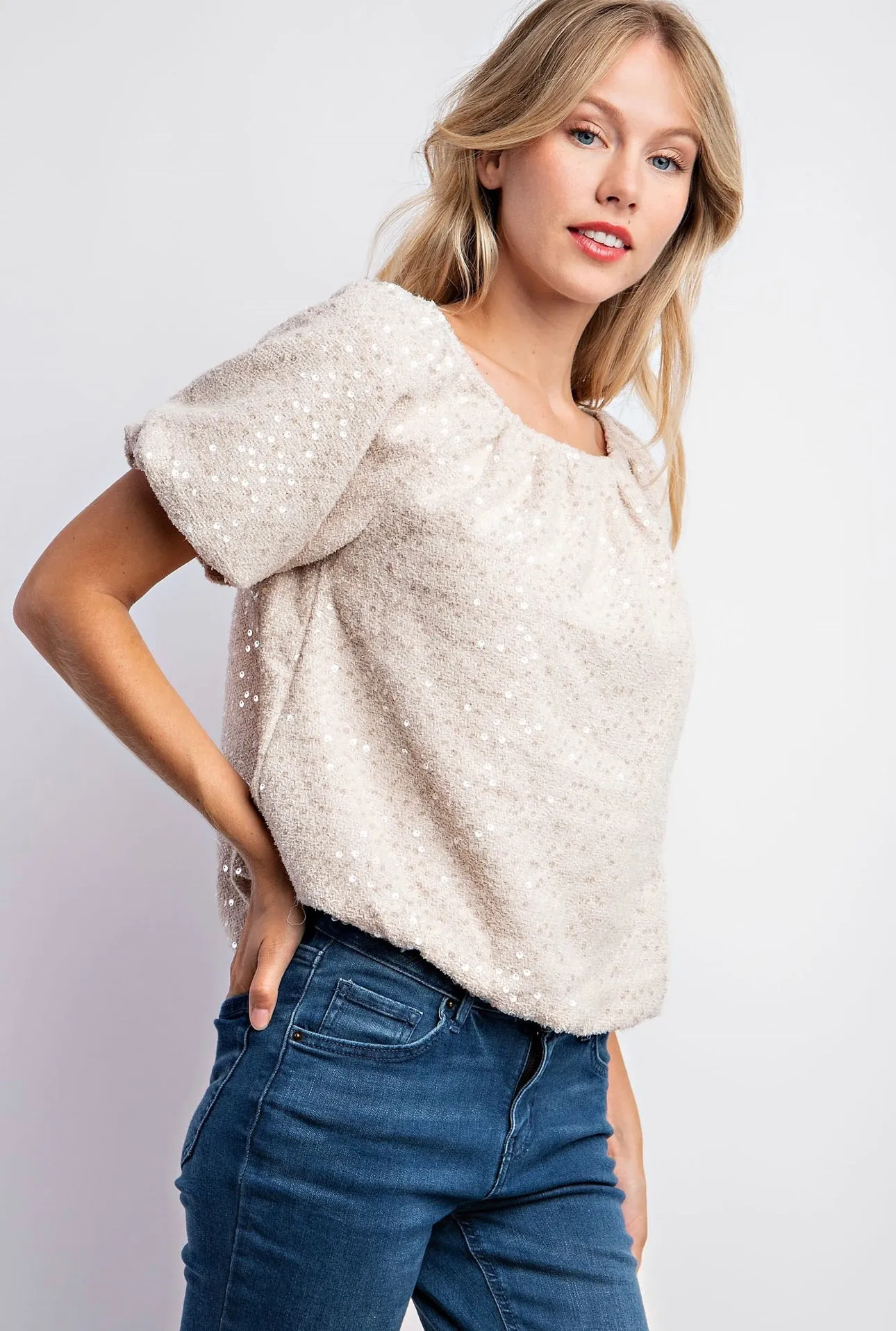 Tweed Puff Sleeve Sequin Top